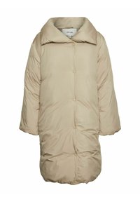 Beige dunjakke med bred krave, knaplukning og lange ærmer. Lavet af blødt, glat materiale med en quiltet tekstur.