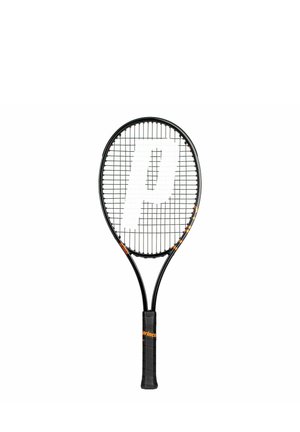 Raquette de tennis Black Prince avec un grand "P" blanc sur les cordes et un logo orange sur la poignée.