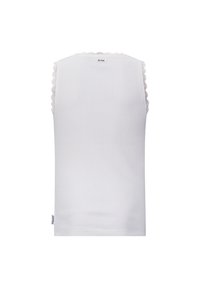 Witte mouwloze top met ribbeltextuur, kantafwerking langs de schoudernaden en een klein logolabel op de achterkant.