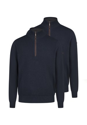 Due maglioni a collo alto con cerniera a quattro quarti, di colore blu navy, in maglia con maniche lunghe, mostrati frontalmente su sfondo bianco.