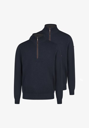 Zwei marineblaue Strickpullover mit Viertel-Reißverschluss-Kragen und langen Ärmeln, vorderseitig auf weißem Hintergrund dargestellt.
