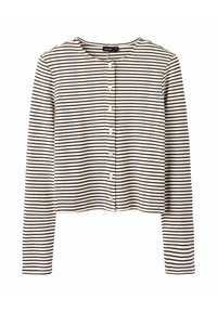 Långärmad kort cardigan med bruna horisontella ränder och vita knappar framtill på en ljusbeige bakgrund.