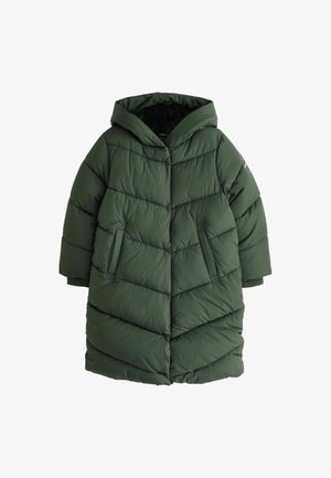 Pehmendatud roheline parka jakk kapuutsiga, millel on tikandiga disain, diagonaalsed õmblused ja kaks küljetaskut. Pehme tekstuur, lõdvestatud istuvus.