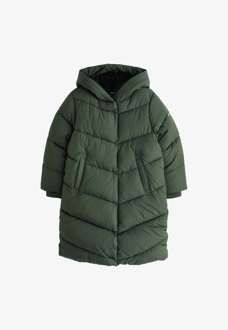 Zelená parková bunda s kapucňou, polstrovaná, s prešívaným dizajnom a diagonálnym šitím, má dve postranné vrecká. Mäkký materiál, voľný strih.