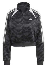 Cropped black jacket with a camouflage pattern, white accents, high collar, and three white stripes on sleeves. Zipper closure at front.