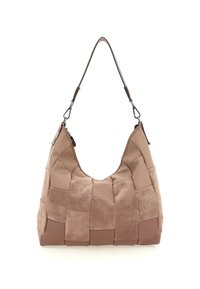 Grande borsa hobo beige con un design patchwork testurizzato. Realizzata in morbido camoscio e pelle liscia, presenta una forma curva e flessibile con una tracolla.