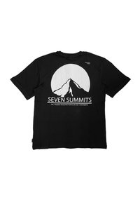 Black cotton t-shirt featuring a white mountain graphic and the text "SEVEN SUMMITS" beneath a circular design. Short sleeves, crew neck.