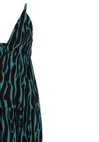 Sleeveless dress with thin straps featuring a black and teal abstract wavy pattern and an elastic waist detail.