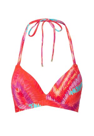 Driehoekige bikini-top met een striksluiting in de nek en op de rug, in een helder rode, roze en blauwe tie-dye patroon met gouden accent hardware.
