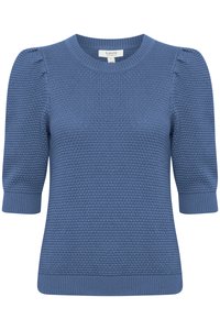 Pull en maille texturée bleu à manches courtes bouffantes, poignets côtelés et col rond, taille petite.