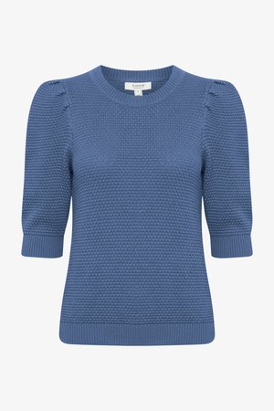 Niebieski, teksturowany, dzianinowy sweter z krótkim rękawem z bufiastymi rękawkami, ściągaczami i okrągłym dekoltem, rozmiar mały.