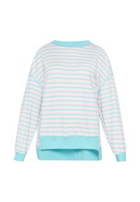 Felpa leggera in colori pastello, caratterizzata da strisce orizzontali rosa e blu. Collo a girocollo e polsini a costine, con un design a emofilo.