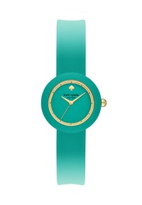 Tealfärgad silikonarmbandsur med rund urtavla, guldiga detaljer och en spade-logotyp. Slät yta och ombré-armband som övergår från teal till en ljusare nyans.