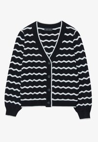 Svart kofta med vita vågiga ränder, V-ringning, ribbstickade ärmslut och knappar längs framsidan. Tillverkad av ett mjukt stickat material.