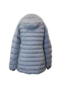 Gray, padded jacket with a hood, featuring horizontal quilted lines and elastic cuffs. Smooth texture, simple design, no visible hardware.