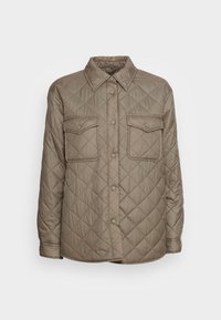 Quiltet jakke i taupe med knaplukning fortil, to brystlommer og spidse krave. Glat struktur med diamantmønster.