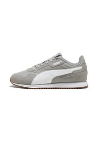 Gray suede sneaker with white accents and rubber sole. Features rounded toe, padded collar, and lace-up closure. Logo on side panel.