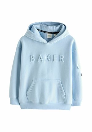 Lyseblå hættetrøje lavet af blødt stof. Har præget "BAKER" tekst på forsiden, en kængurulomme og en hætte med snøre.