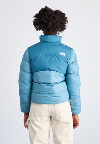 Mėlyna pūkinė striukė su aukštu apykakle, horizontaliais siūlėmis, "North Face" logotipu nugaros pusėje ir lygiu, blizgiu paviršiumi.