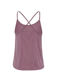 Lila ärmelloses Tanktop aus weichem Stoff, mit rundem Ausschnitt und gekreuzten Rückenriemen. Glatte Textur mit legerem Schnitt.
