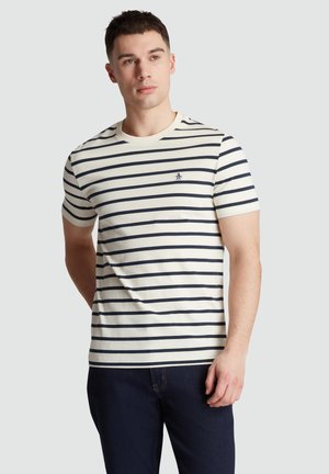 Cream short-sleeve t-shirt with navy horizontal stripes and a small penguin logo on the left chest. Crew neck, soft cotton material.