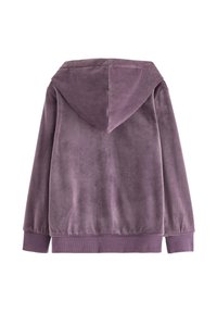 Felpa morbida viola con maniche lunghe, polsini a coste e orlo a coste, mostrata dal retro su uno sfondo bianco.