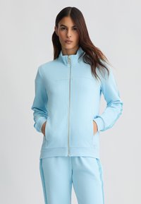 Felpa zip-up azzurra chiara con colletto alto, texture liscia e tasche laterali. Presenta inserti in rete lungo le maniche e pantaloni coordinati.