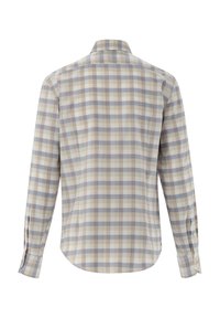 Langärmliges kariertes Hemd in Beige, Hellblau und Creme. Verfügt über einen klassischen Kragen, Knopfmanschetten und einen abgerundeten Saum.