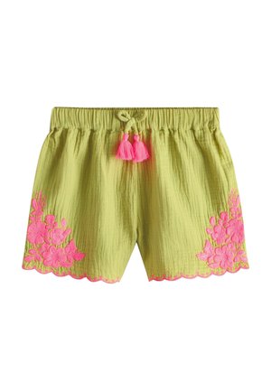 Hellgrüne strukturierte Shorts mit elastischem Bund, rosa Quastenbindeband und rosa Blumenstickerei an beiden Beinen mit gewellten Säumen.