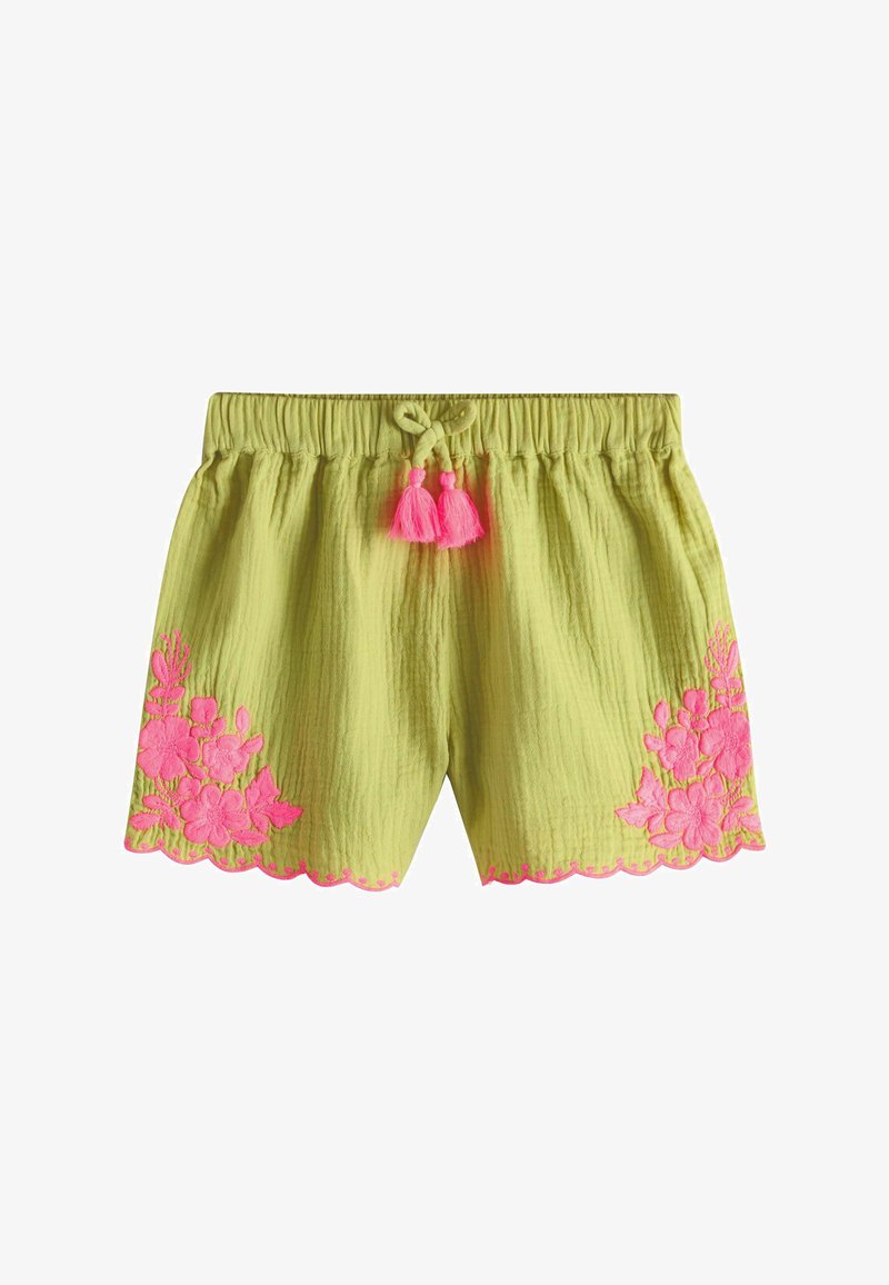 Shorts texturés vert clair avec ceinture élastique, lien à pompons roses et broderie florale rose sur les deux jambes avec ourlets festonnés.