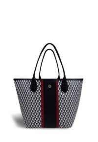 Torba na ramię z geometrycznym wzorem w odcieniach szarości i bieli, czarnymi skórzanymi elementami, centralnym czerwonym paskiem oraz podwójnymi uchwytami.