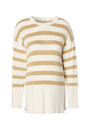 Gestreepte lange mouw sweater in crème met brede horizontale mosterdstrepen. Gebreide stof met een relaxte pasvorm en zijsplitten aan de onderrand.