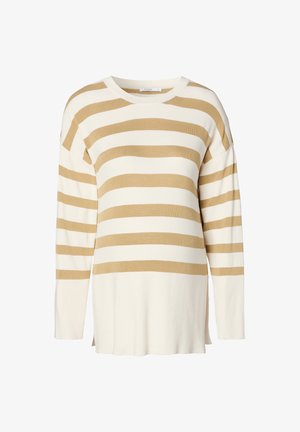 Gestreifter Langarm-Pullover in Creme mit breiten horizontalen senfgelben Streifen. Strickstoff mit lockerer Passform und seitlichen Schlitzen am Saum.