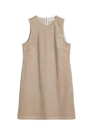 Beige mouwloze jurk gemaakt van zachte stof, met een rechte snit, ronde halslijn en een ritssluiting aan de achterkant.