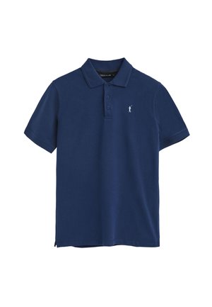 Polo shirt blu navy in cotone, con colletto a due bottoni, maniche corte e un piccolo logo bianco sul petto sinistro.