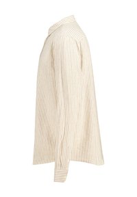 Camicia a righe in beige e crema, con maniche lunghe, colletto e polsini con bottoni. Il tessuto appare texturizzato e leggero.