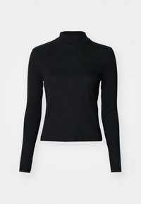 Svart långärmad polotröja i ribbad tyg. Figursydd design med hög krage och slät yta. Inga mönster eller dekorationer.