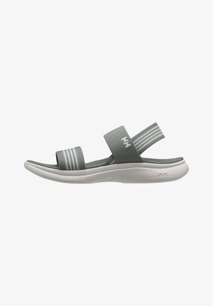 Gray open-toe sandal with two adjustable fabric straps and cushioned white sole, featuring Helly Hansen logo on strap and sole.