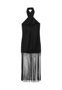 Schwarzes Halterneck-Top mit einem verdrehten Halsdesign, glattem Stoff und aufwendiger Fransenverzierung am Saum, die eine geschichtete Textur erzeugt.