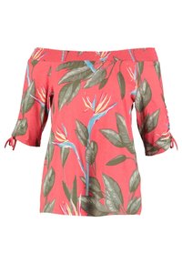 Blusa coral sin mangas con escote smock; presenta un patrón de ave del paraíso tropical y hojas; mangas cortas con lazos.