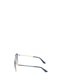 Ochelari de soare cu lentile de un gri întunecat, ramă metalică aurie și temple cu un model albastru închis. Design ușor și formă elegantă.
