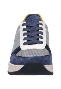 Navy blue and grey sneaker with suede and mesh materials. Features white laces and black rubber sole. Rounded toe and padded collar.