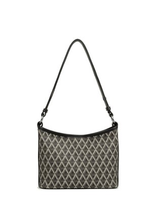 Borsa a spalla con motivo trapuntato a triangoli in grigio e nero. Presenta una texture liscia, una parte superiore curva e una tracolla staccabile.