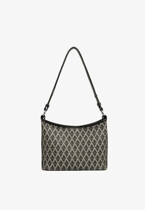 Schultertasche mit einem gesteppten, dreieckigen Muster in Grau und Schwarz. Sie hat eine glatte Textur, eine abgerundete Oberseite und einen abnehmbaren Schulterriemen.