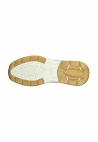 Semelle de chaussure de sport en caoutchouc avec un design texturé, comportant une zone transparente et des accents beiges. Lignes de grip visibles pour une traction optimale.