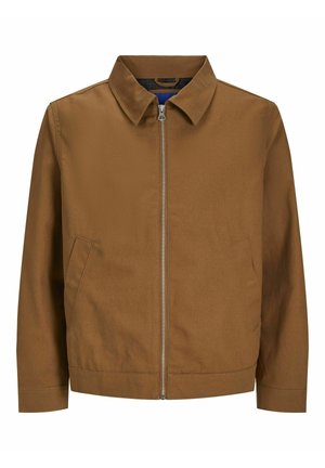 Giacca marrone con zip, colletto, maniche lunghe e due tasche frontali; texture liscia e design minimalista senza motivi visibili.