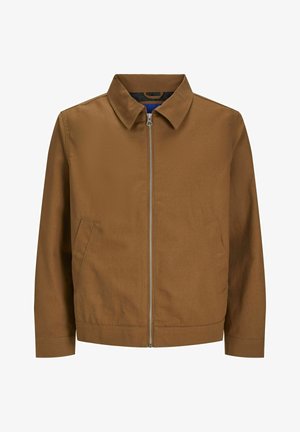 Brown zip-up jacket with a collar, long sleeves, and two front pockets; smooth texture and minimalist design with no visible patterns.