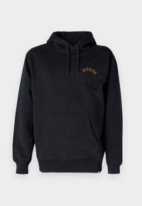 Sudadera negra de algodón, con un bolsillo frontal, capucha con cordón y pequeño logo naranja "DICKIES" encima del bolsillo.