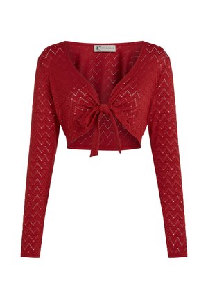 Red cropped cardigan with long sleeves, featuring a chevron pattern, front tie closure, and textured fabric with subtle glimmer.