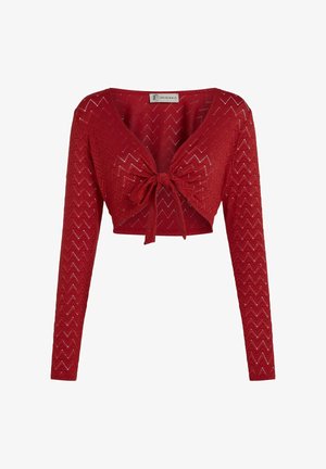 Red cropped cardigan with long sleeves, featuring a chevron pattern, front tie closure, and textured fabric with subtle glimmer.